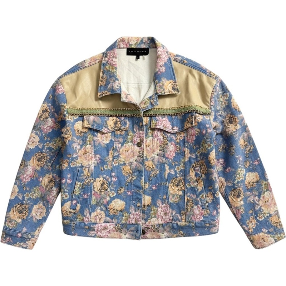 Endless Rose Denim Floral Print Jacket Blue Faux Leather Trim L Cotton Stretch